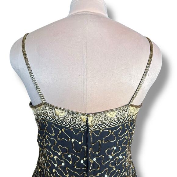 Vintage Beaded Black Gold Drop Waist Metallic Sequin Cocktail Dress Sleeveless 4 - Picture 7 of 14